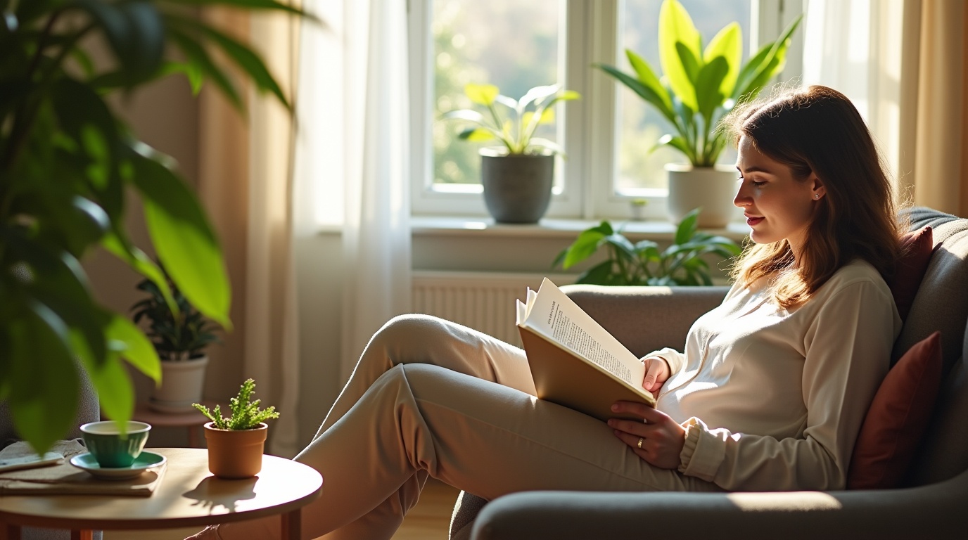 Image d'une personne détendue avec du thé vert et des feuilles de L-théanine, évoquant le bien-être.