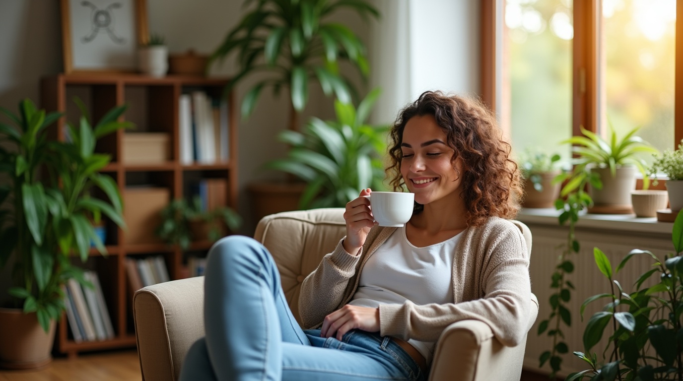 Personne détendue sirotant du thé avec l-théanine pour réduire l'anxiété