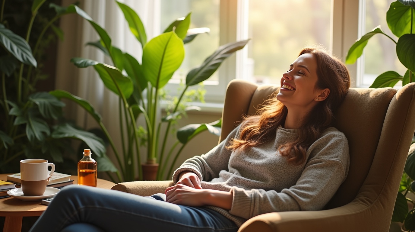 Illustration d'une personne se relaxant avec de l'ashwagandha pour réduire l'anxiété.