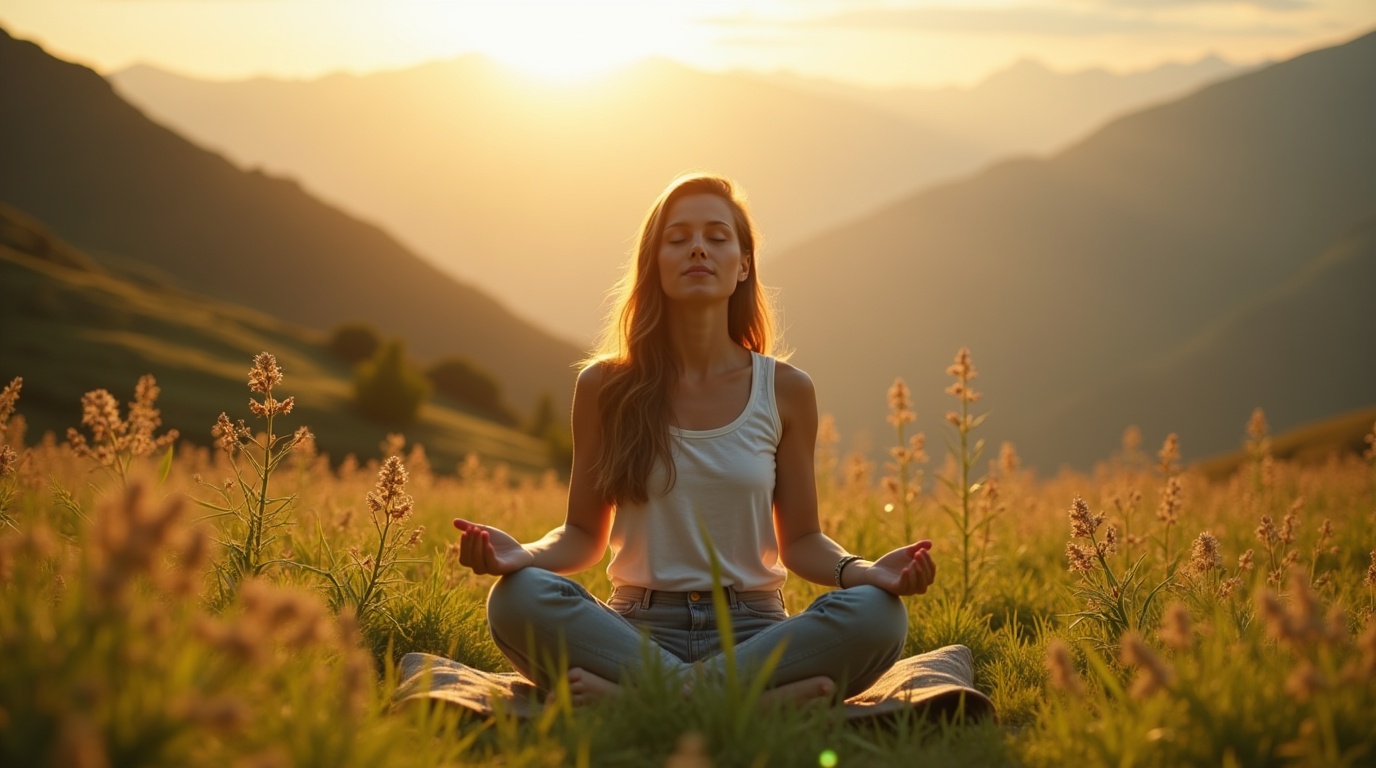 Personne méditant dans un jardin zen avec des plantes d'ashwagandha pour illustrer le bien-être et la lutte contre la fatigue nerveuse.