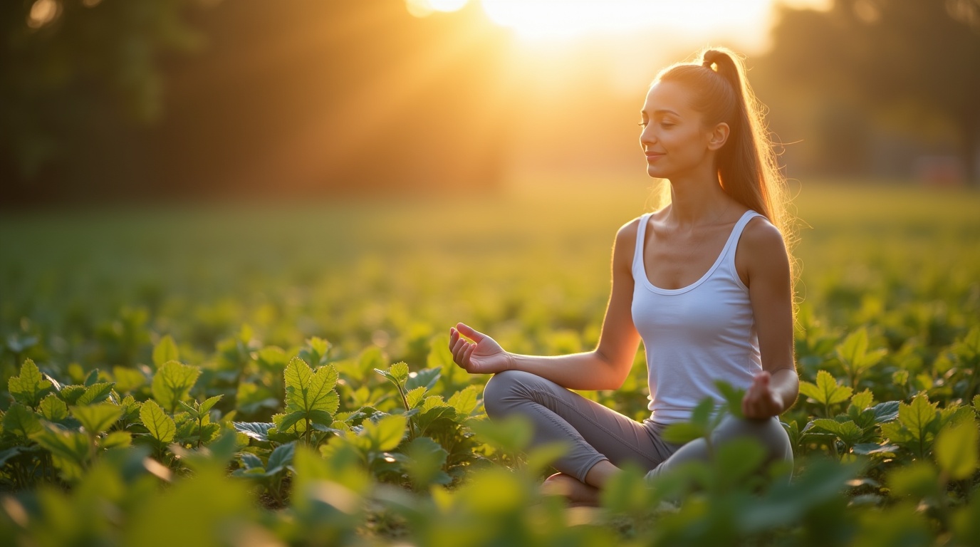 Femme méditant dans la nature avec des plantes d'ashwagandha pour illustrer la résistance au stress.