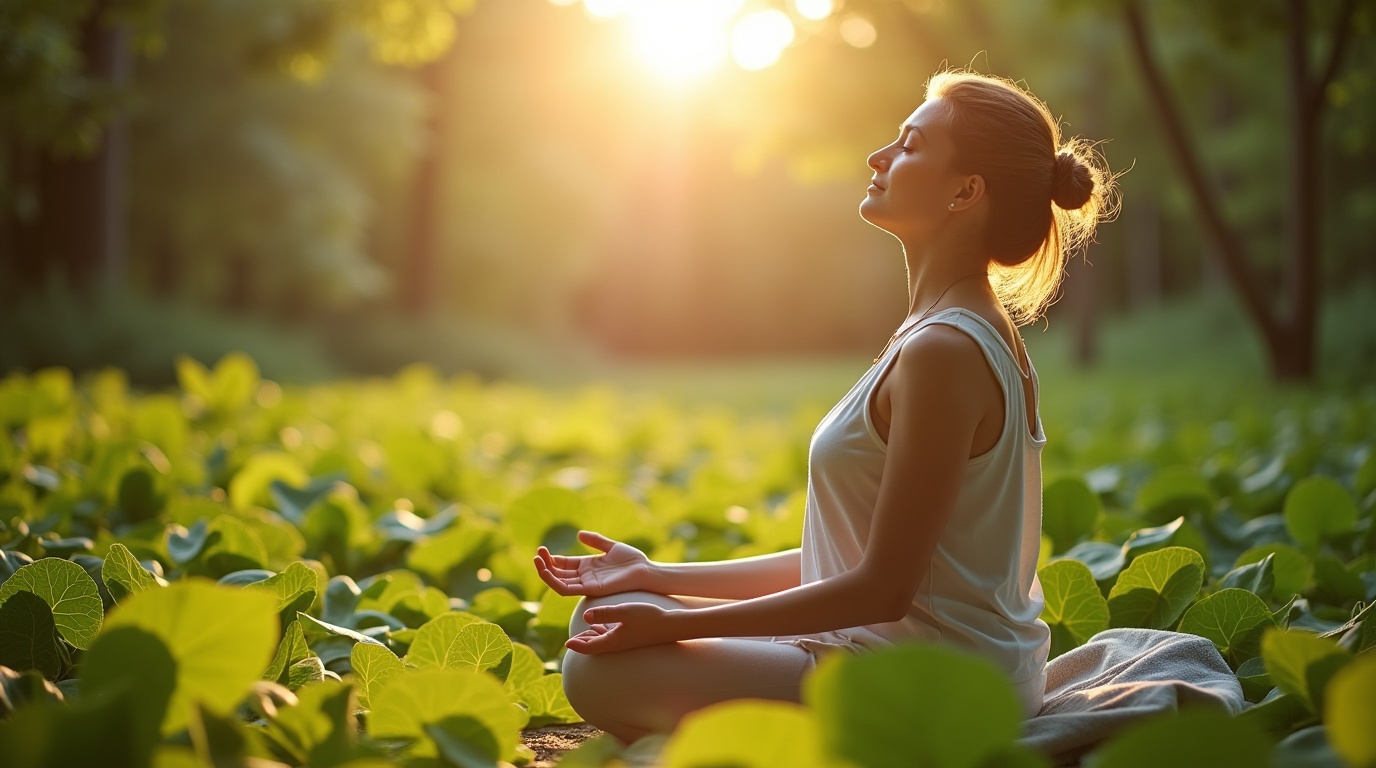 Personne méditant entourée de plantes d'ashwagandha illustrant la gestion du stress chronique.