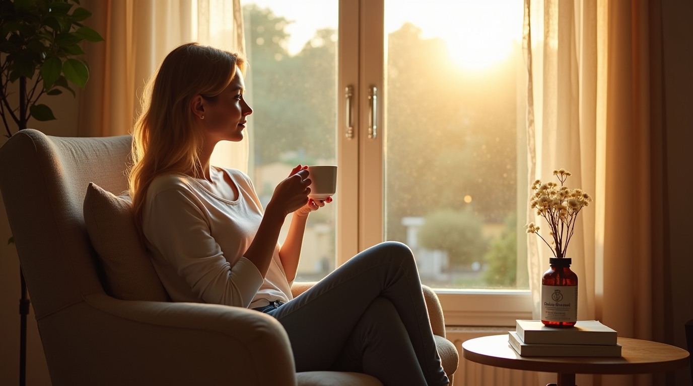 Femme apaisée avec GABA dans un cadre tranquille représentant l'anxiété