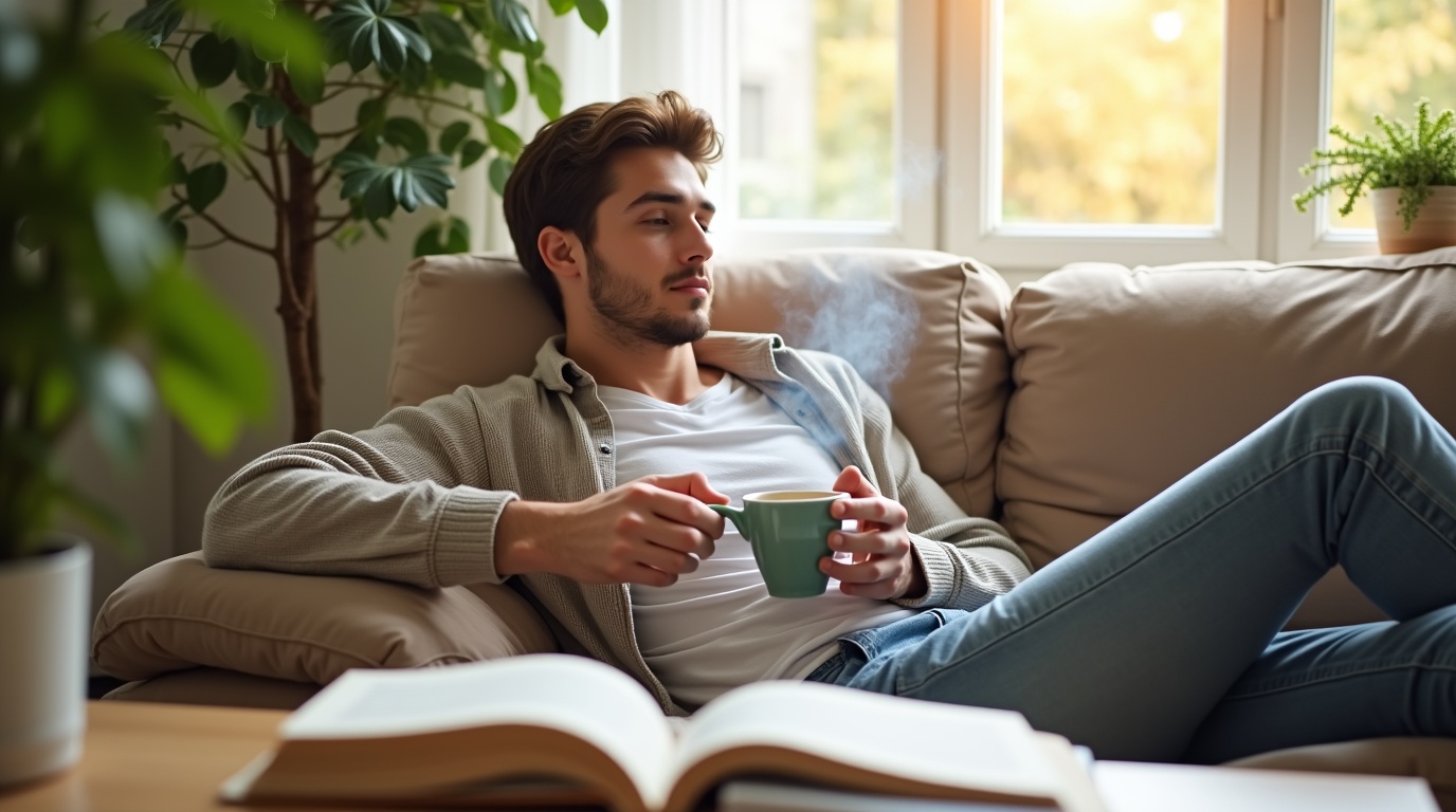 Jeune adulte serein avec une tasse de thé en lien avec le GABA et l'anxiété