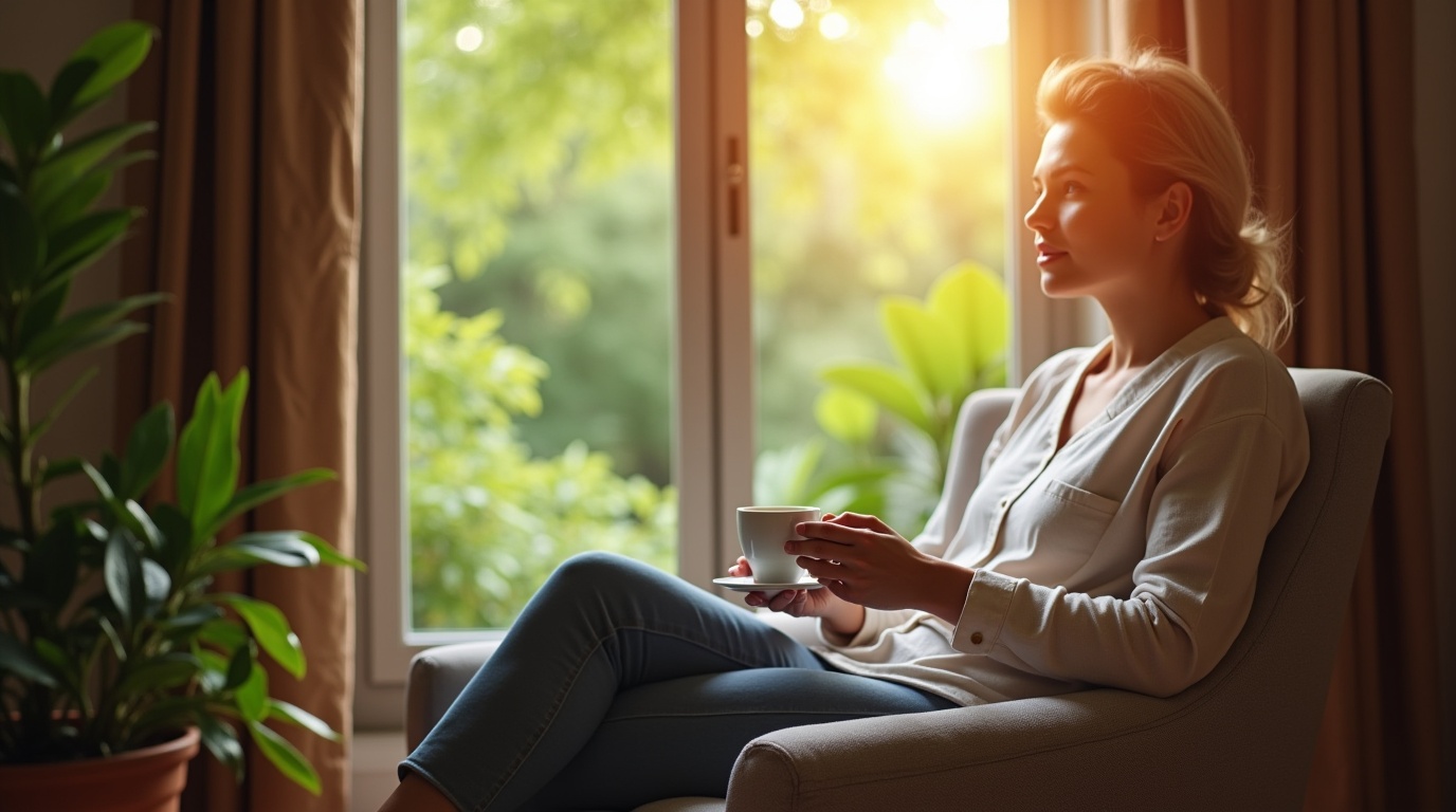 Personne détendue avec une tasse de thé, symbolisant le GABA et la gestion de l'anxiété.