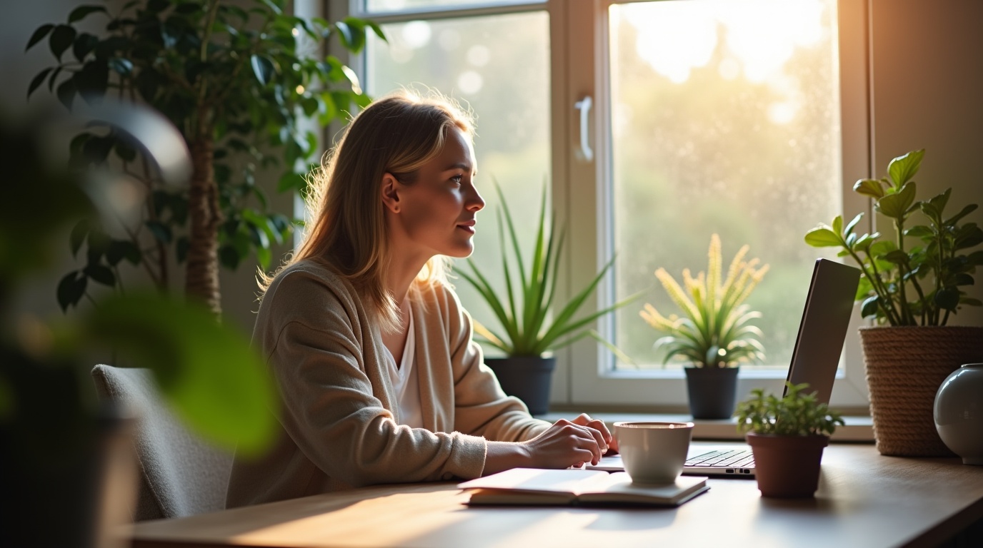 Femme réfléchissant au bureau sur le gaba et le stress chronique