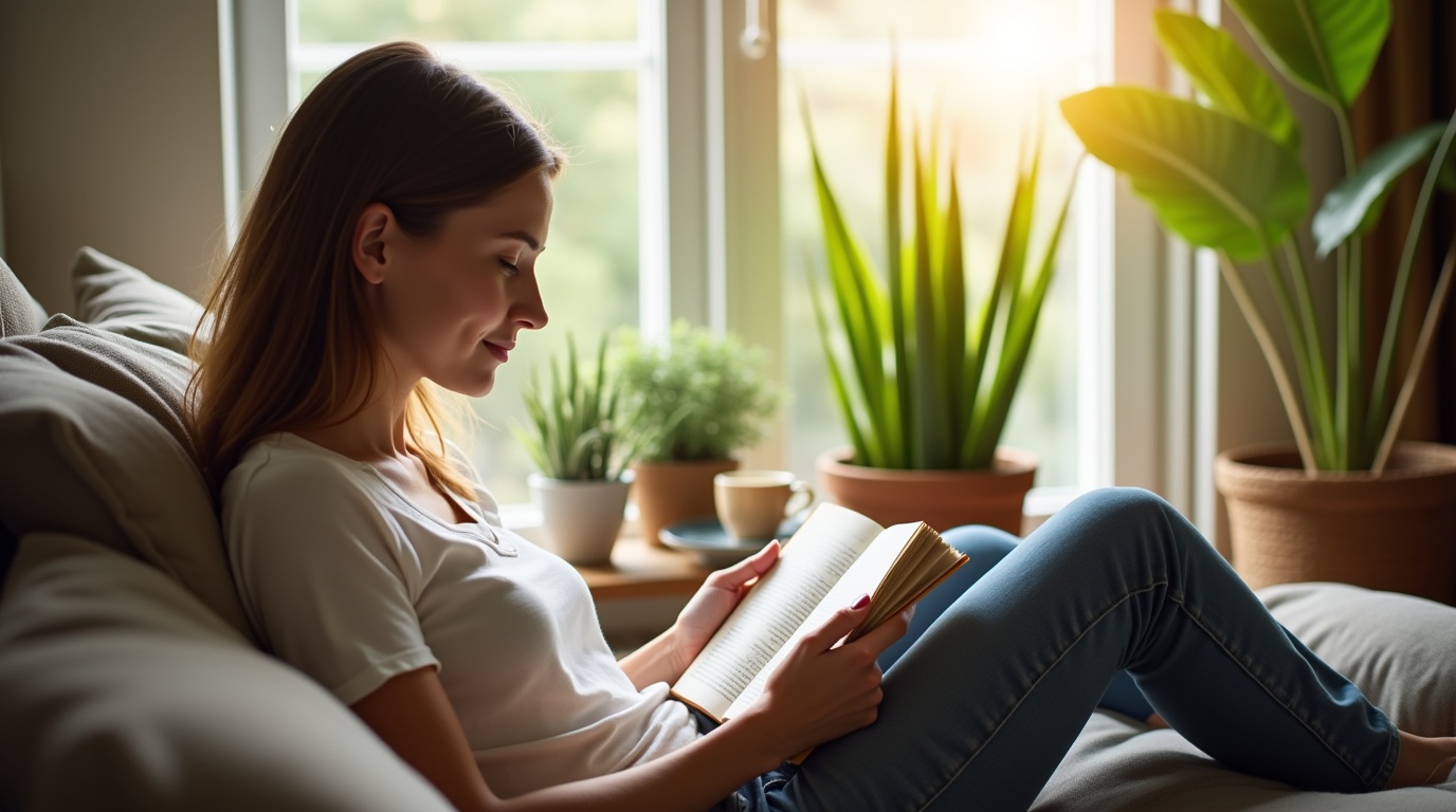 Personne relaxée avec une tasse de thé à la l-théanine luttant contre l'anxiété