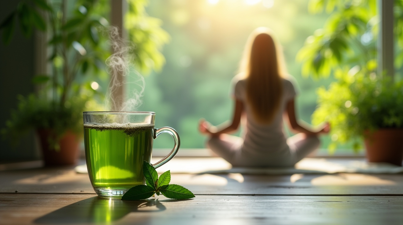 Une tasse de thé vert et une personne méditant dans un environnement naturel apaisant.