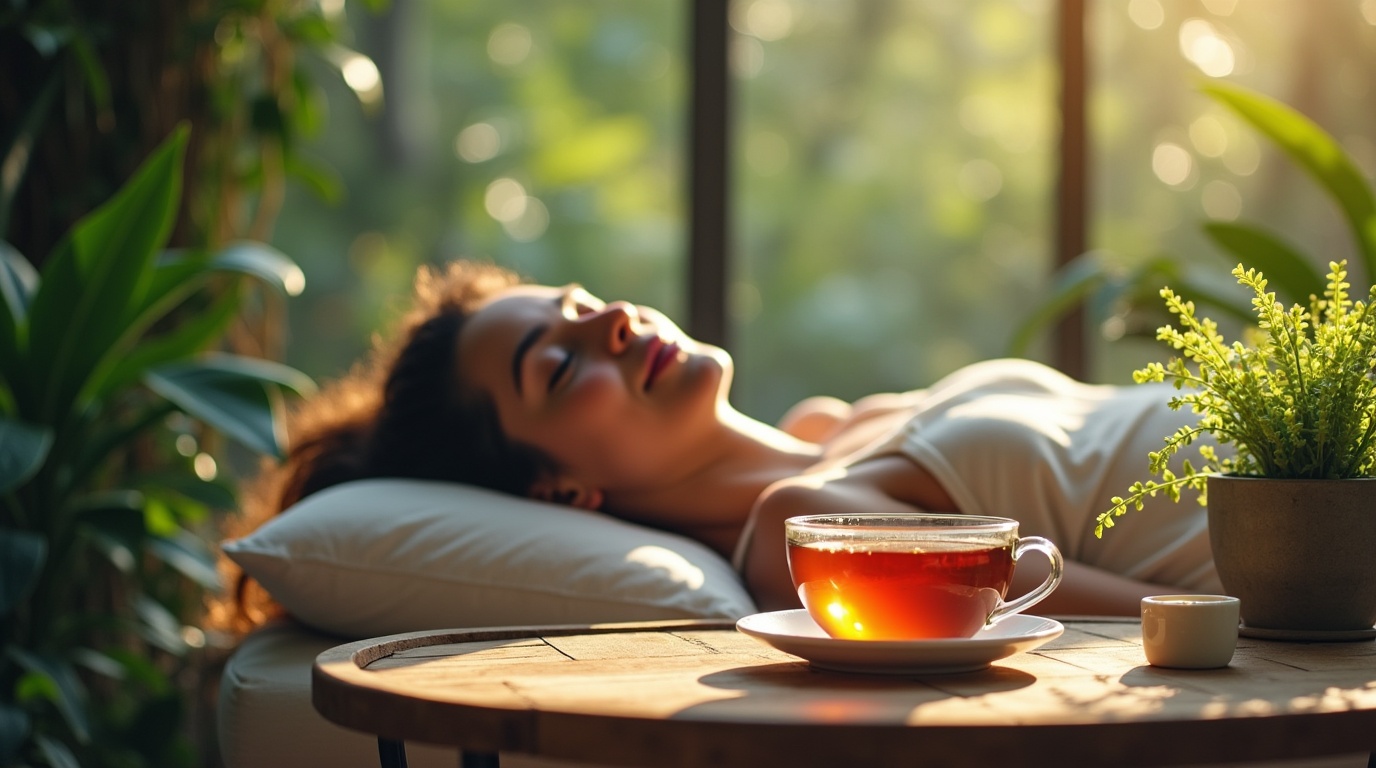 Une personne relaxant avec une tasse de thé à base de l-théanine dans un cadre apaisant