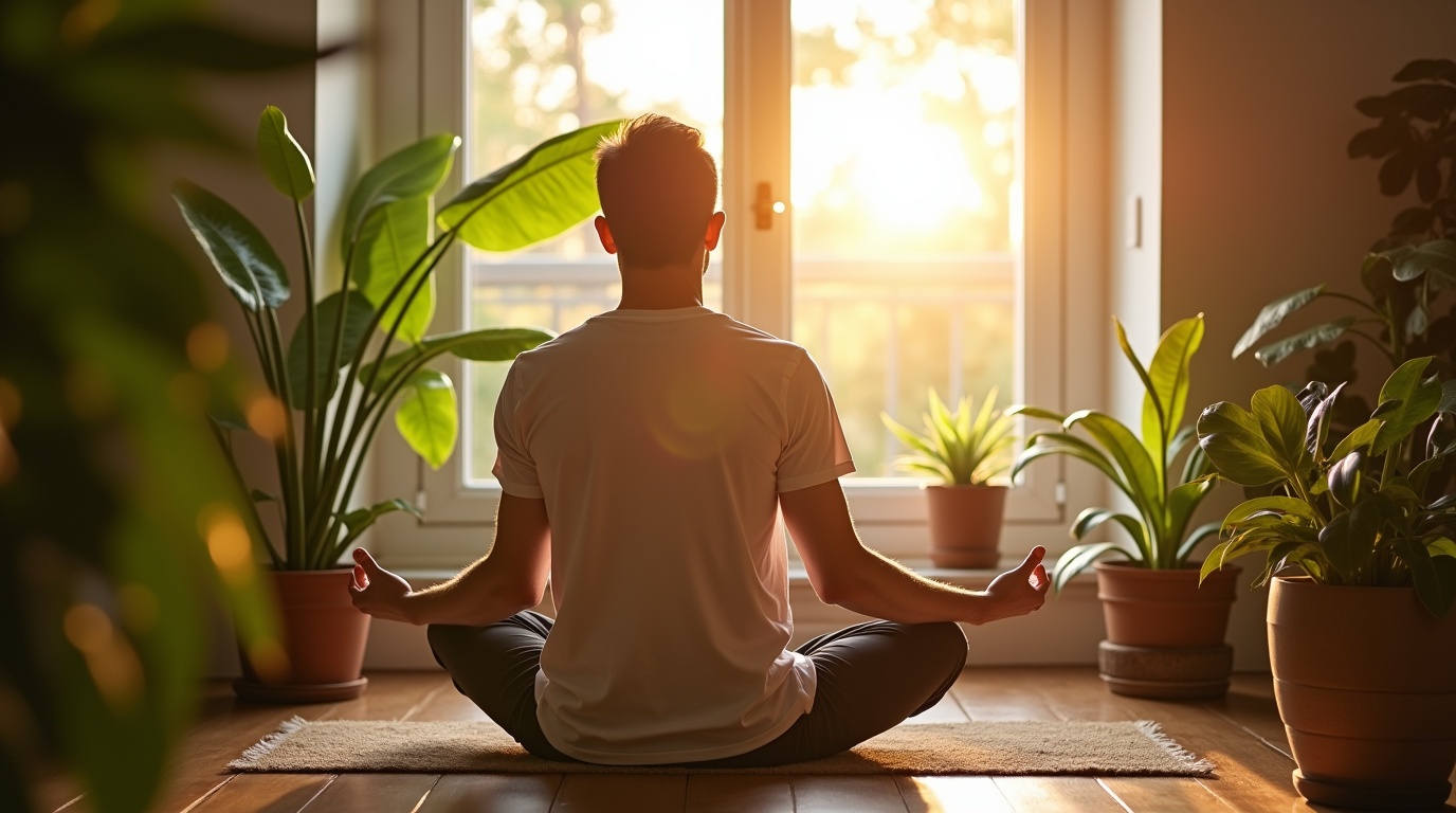 Homme méditant avec des aliments riches en magnésium pour gérer l'anxiété