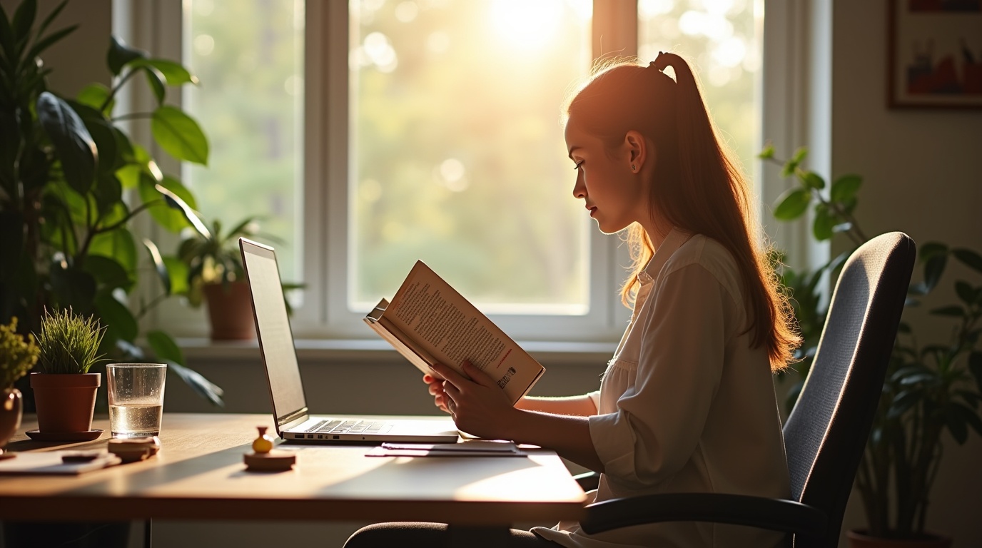 Personne lisant sur le magnésium pour lutter contre la fatigue nerveuse dans un bureau lumineux