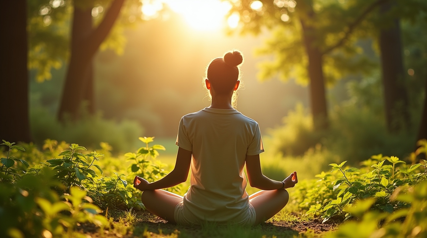 Méditation dans un jardin zen avec des plantes d'ashwagandha et des graphiques sur le cortisol.