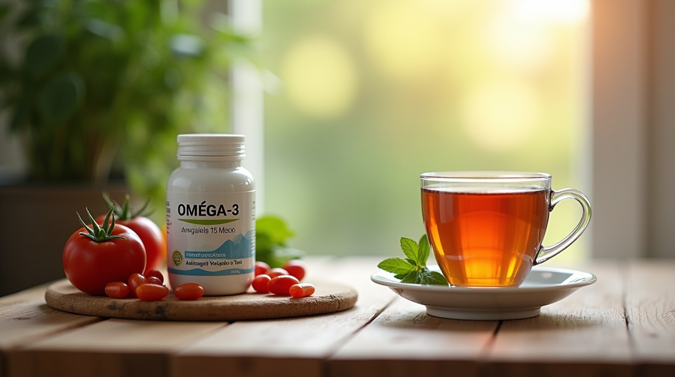 Capsules d'oméga-3 sur une table avec des légumes frais illustrant le lien avec l'anxiété.