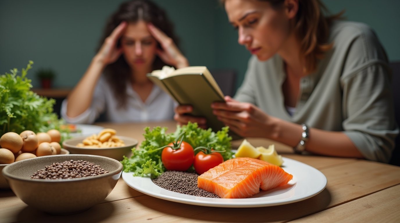 Table de cuisine avec des oméga-3, une personne irritée feuilletant un livre de santé