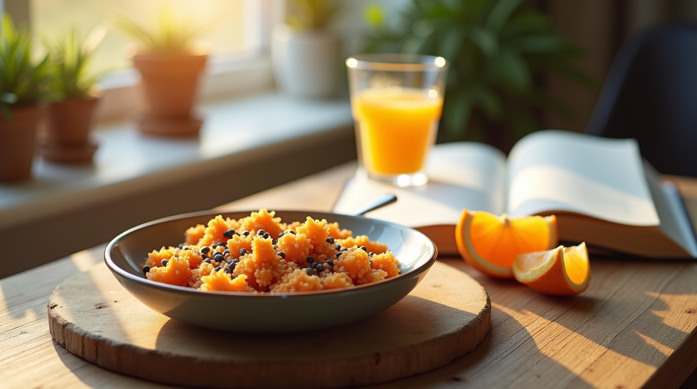 Petit-déjeuner sain avec des oméga-3 et un livre sur la santé mentale.