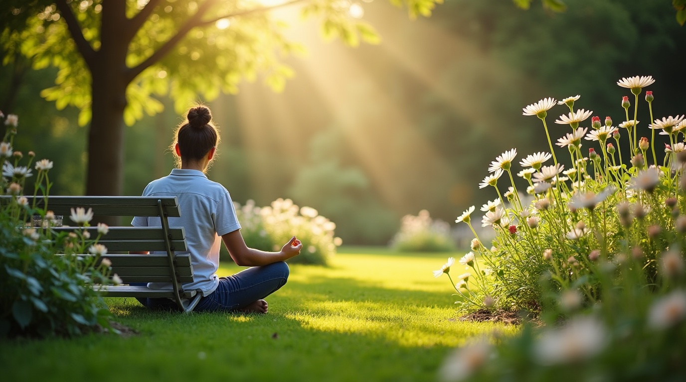 Jardin avec passiflore et personne méditant, évoquant calme et apaisement.