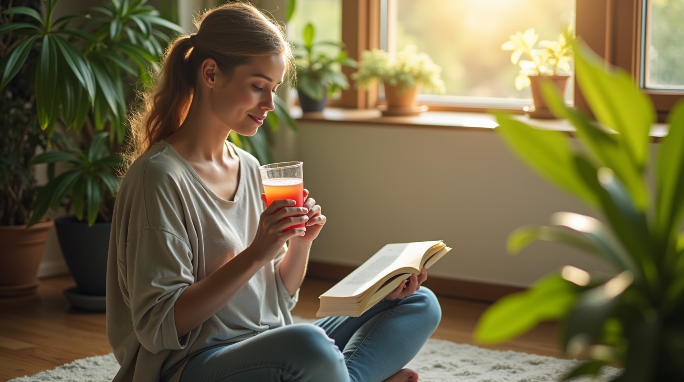 Femme méditant avec des probiotiques dans un cadre naturel, symbole de sérénité face à l'anxiété.