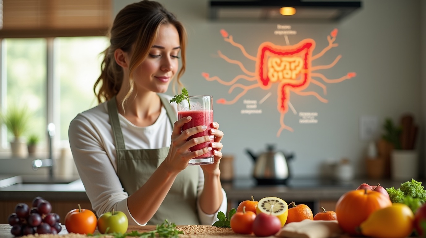 Femme préparant un smoothie riche en probiotiques avec un tableau explicatif sur l'axe intestin cerveau.