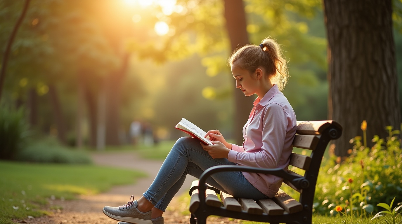 Une personne dans un parc lisant sur les probiotiques pour améliorer l'humeur.