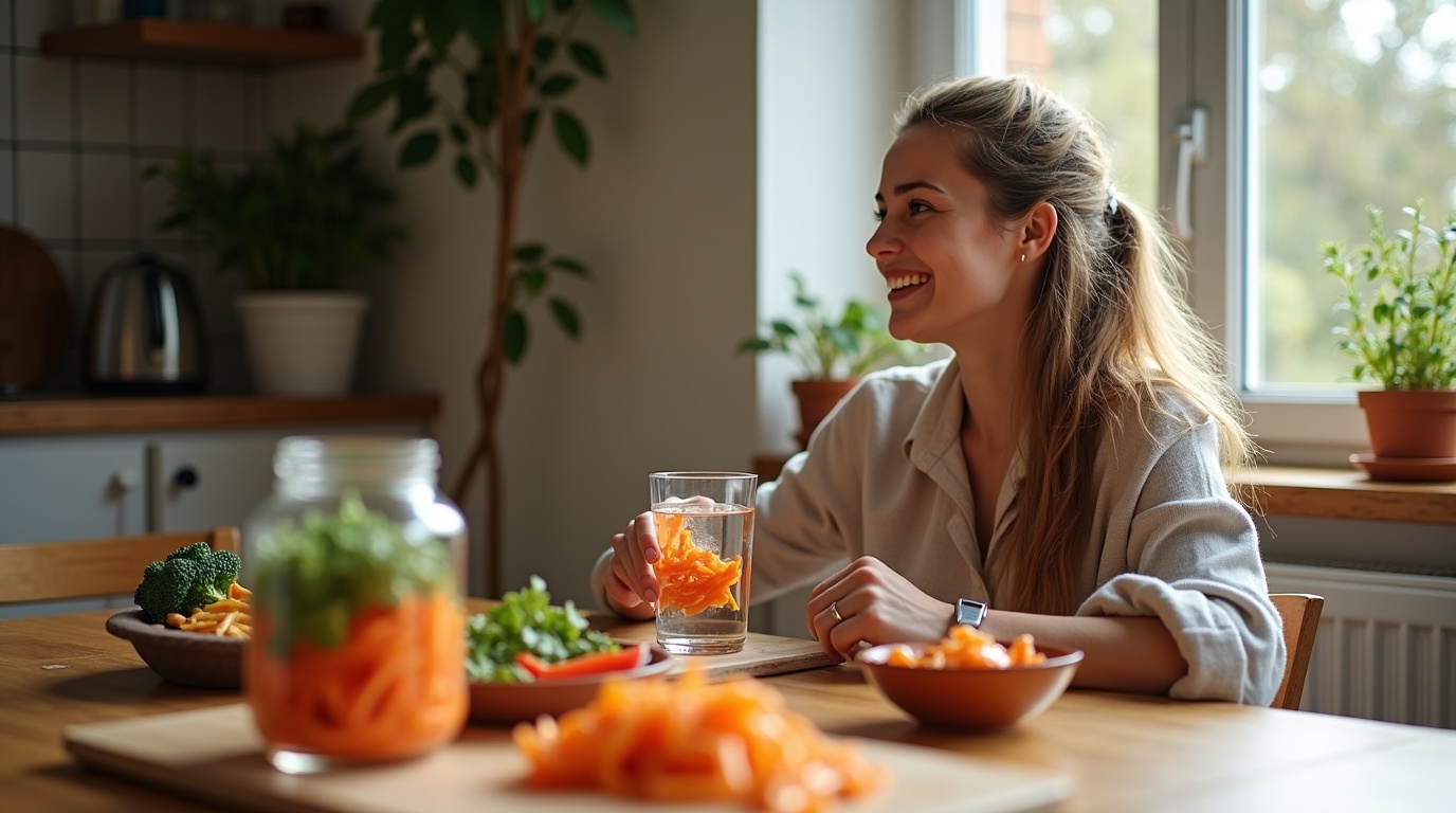 Personne sereine avec des aliments probiotiques illustrant la régulation émotionnelle
