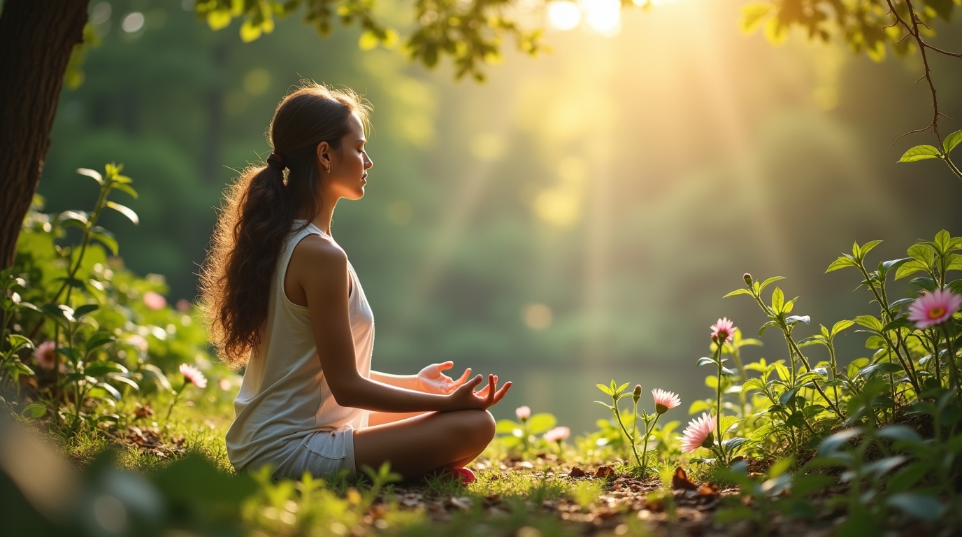 Personne méditant dans un cadre naturel avec des probiotiques symbolisant le lien avec le stress chronique.
