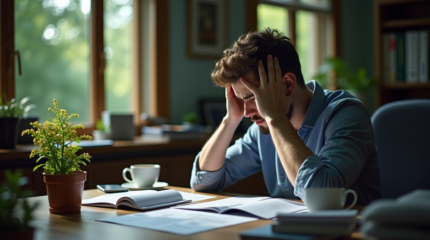 Homme fatigué au bureau avec rhodiola comme solution naturelle au stress