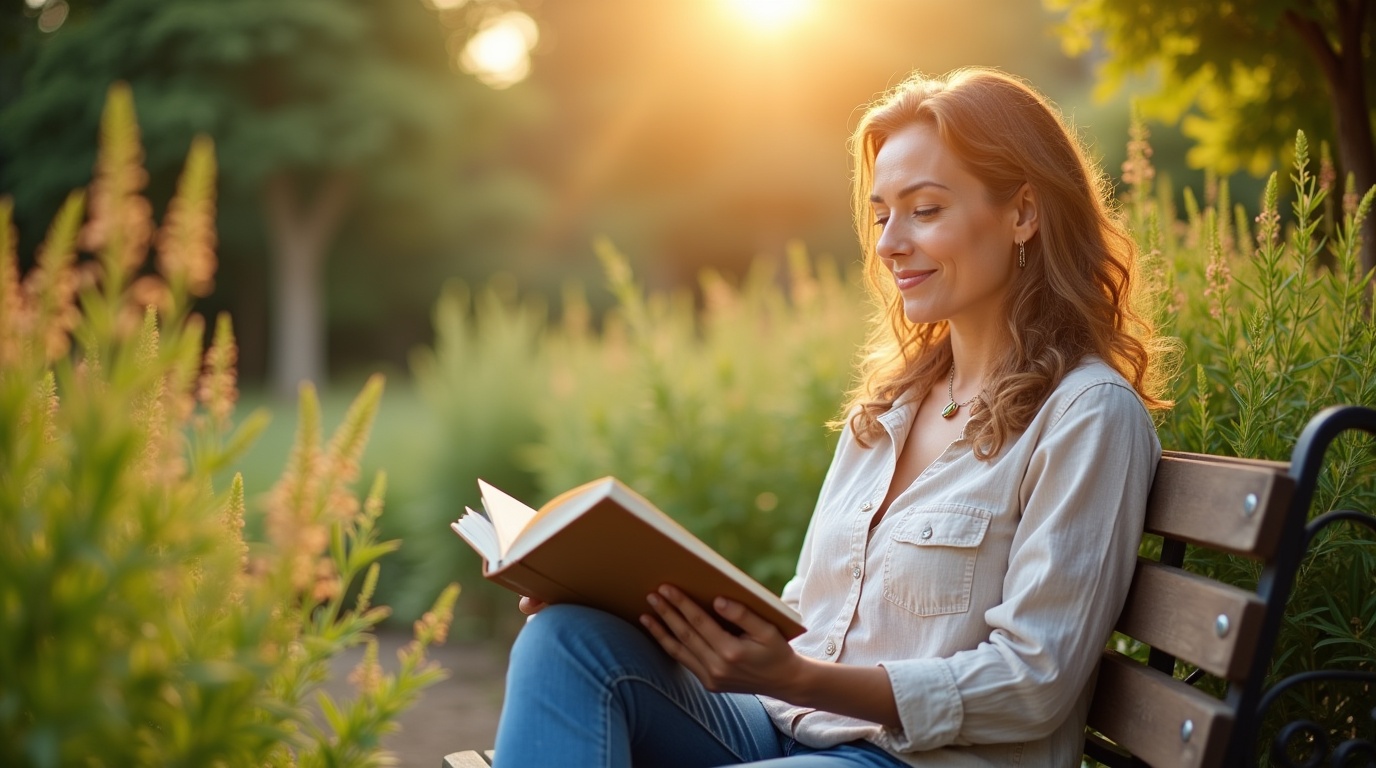 Femme lisant sur le rhodiola dans un jardin relaxant pour lutter contre la fatigue mentale.