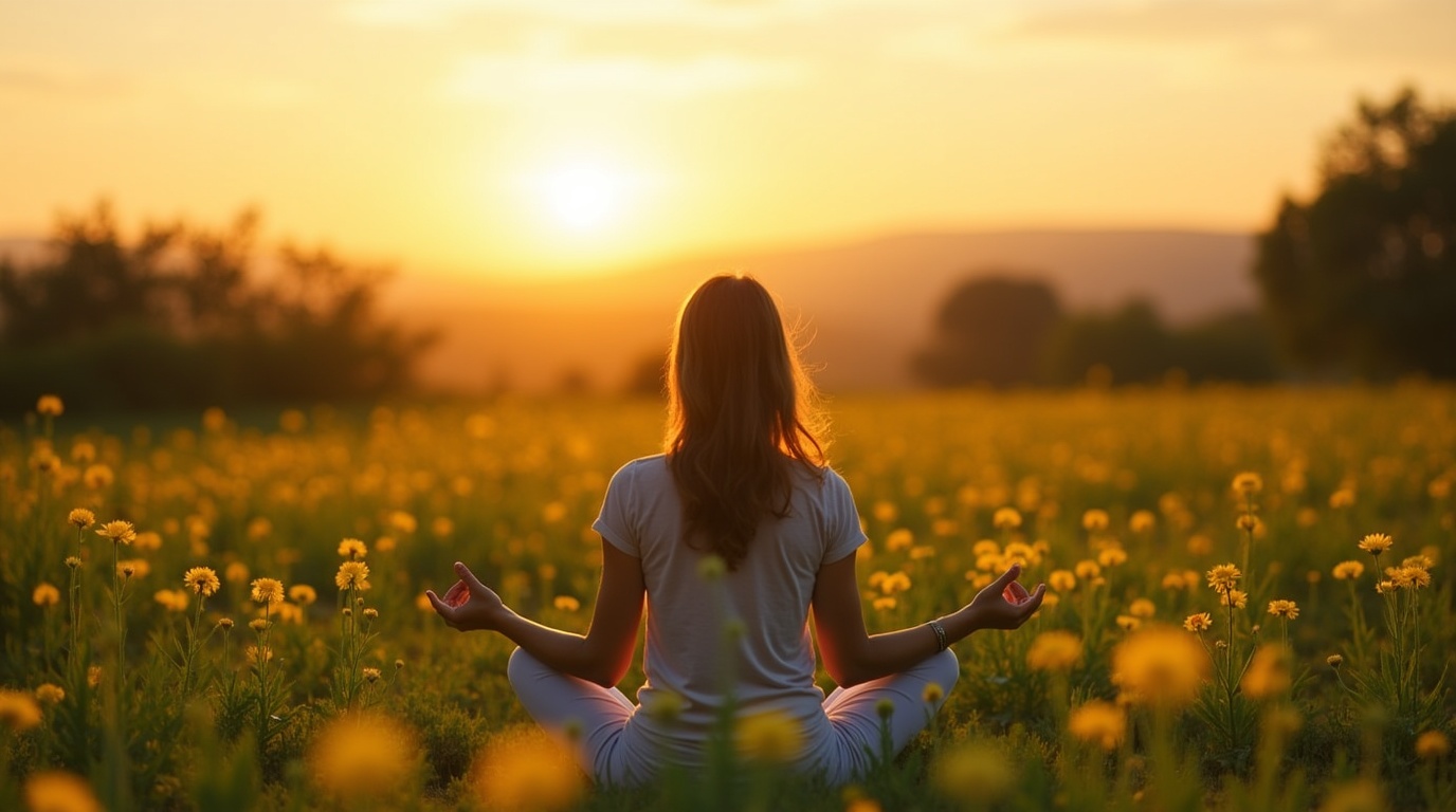 Personne méditant entourée de rhodiola dans un cadre naturel apaisant