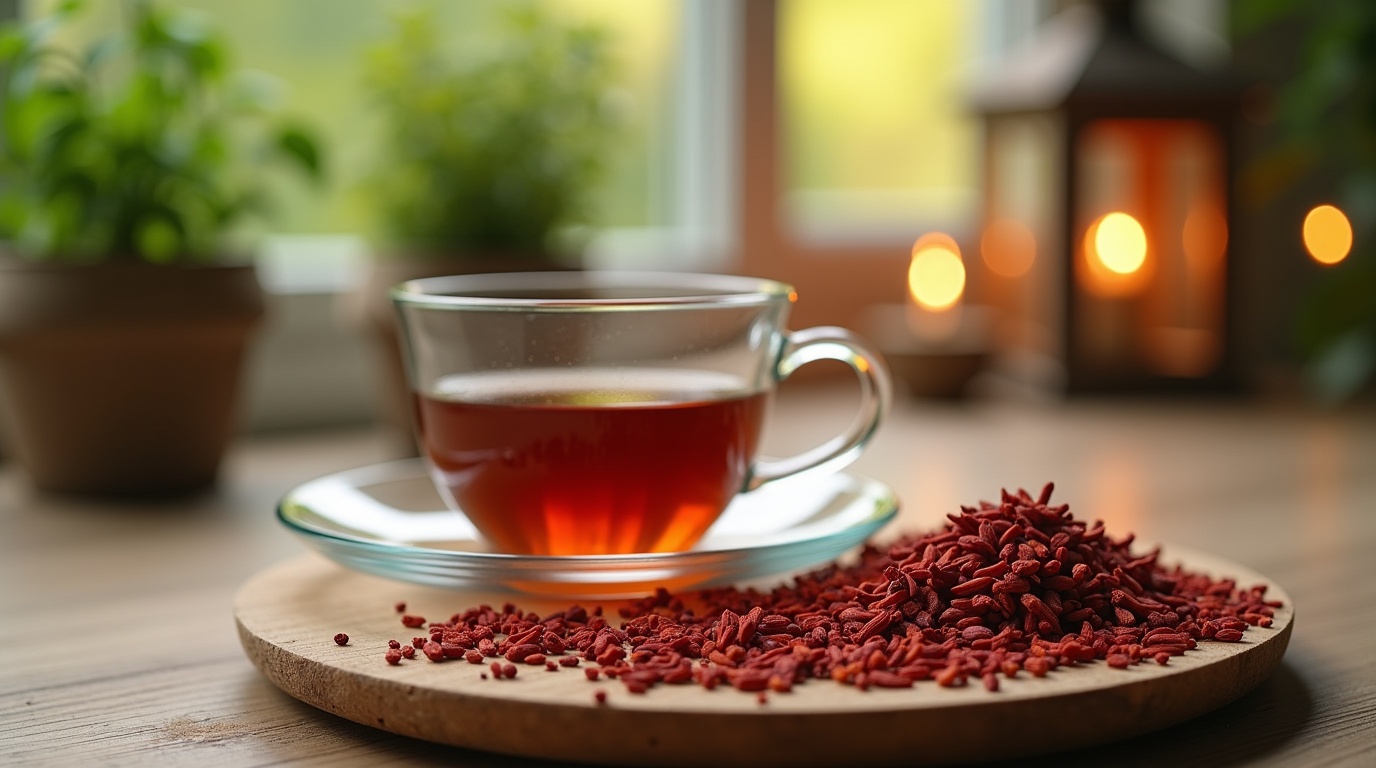 Pistils de safran et thé dans une ambiance sereine évoquant le soulagement de l'anxiété.