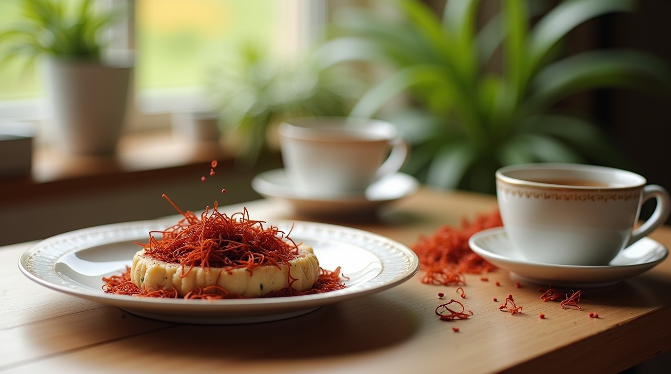 Scène de cuisine avec du safran et tisane pour apaiser l'anxiété