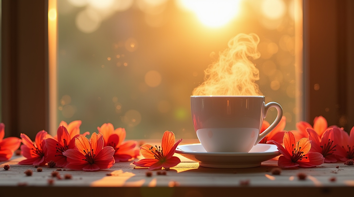 Tasse de thé au safran sur table en bois avec fleurs, créant une atmosphère apaisante.