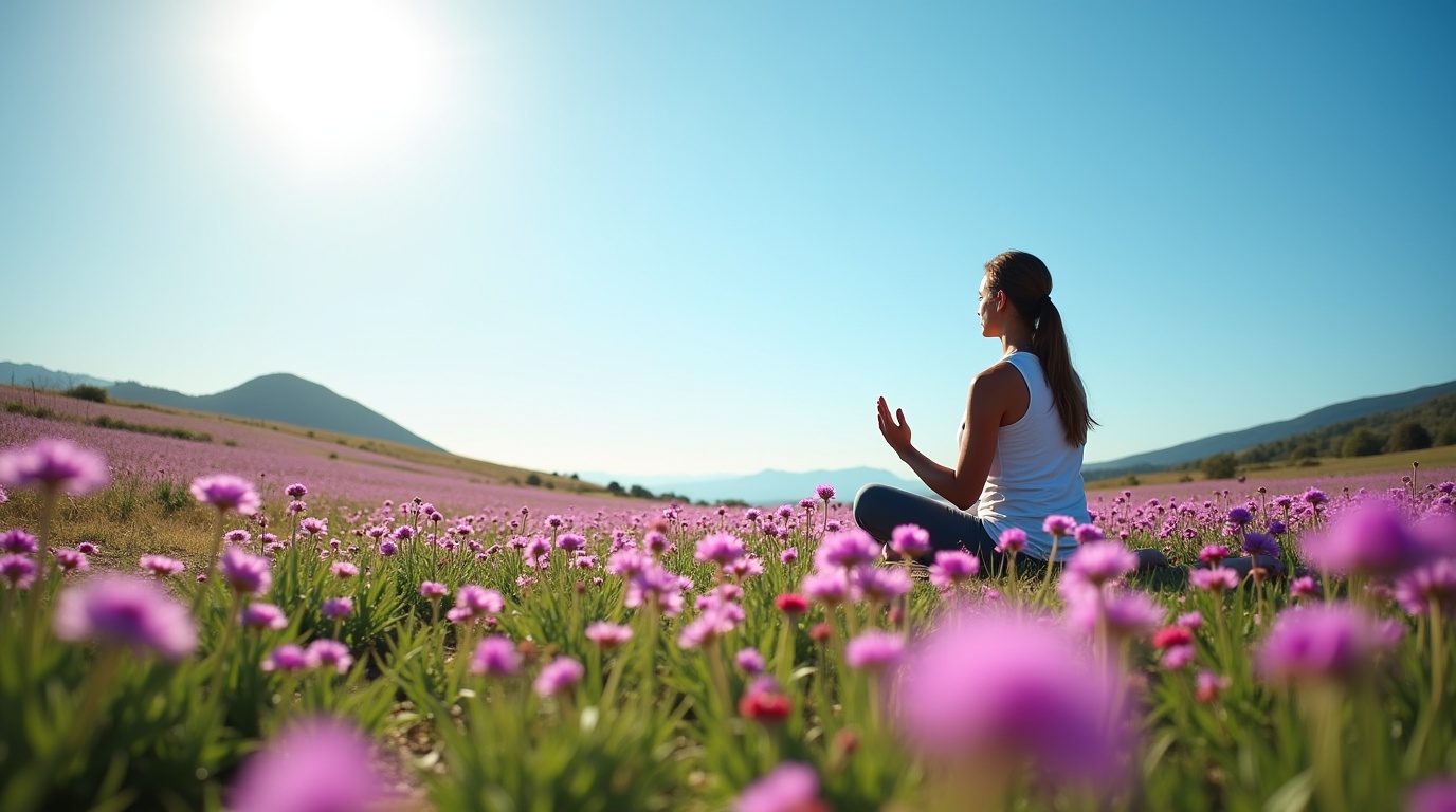 Un champ de safran avec une personne méditant pour illustrer le lien entre safran et stress chronique.