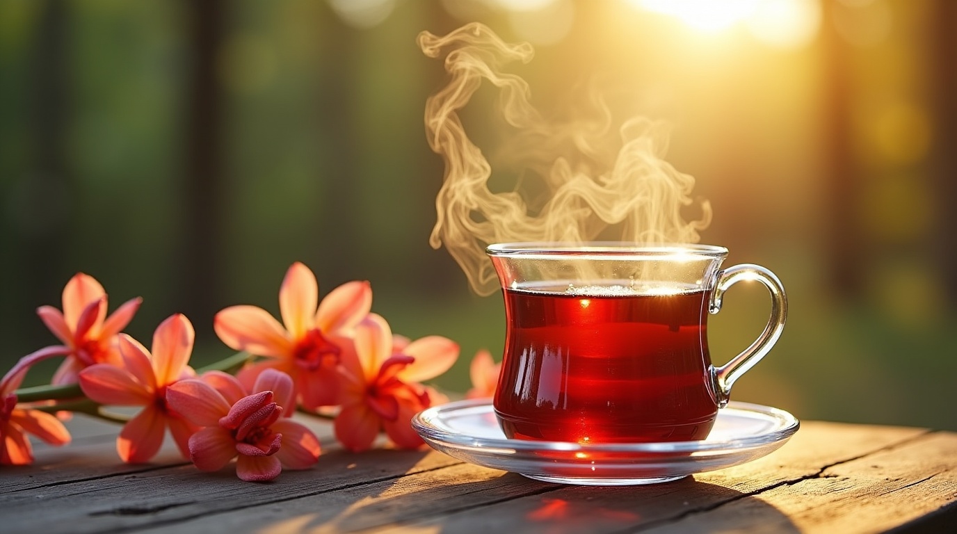 Tisane au safran entourée de fleurs de safran dans un jardin apaisant