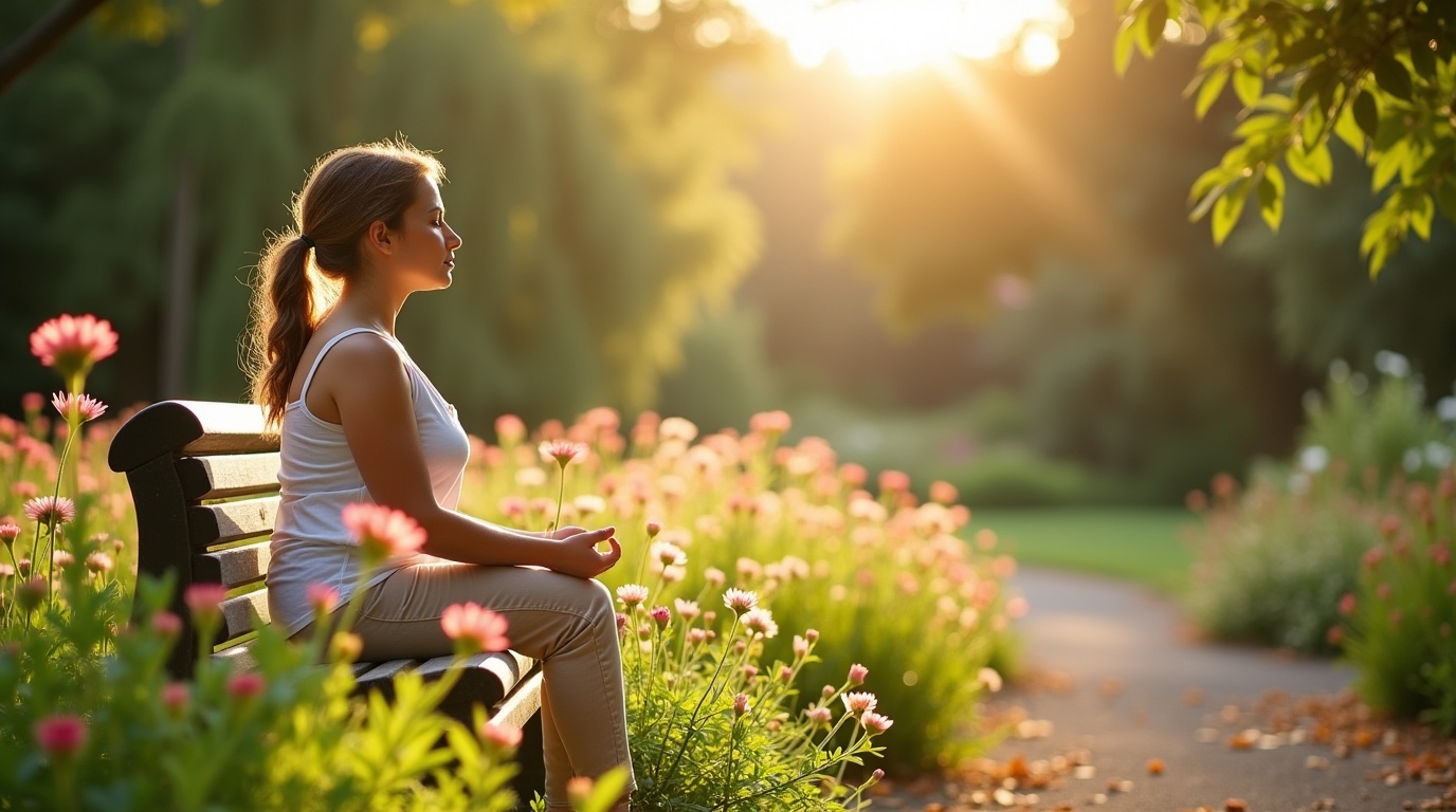Fleurs de valériane dans un jardin avec une personne méditant sur un banc.