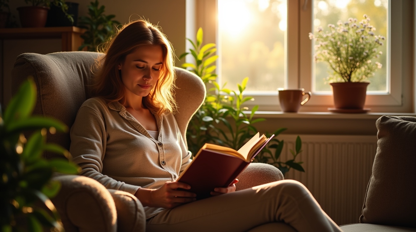 Femme assisse avec des plantes de valériane lisant sur l'agitation mentale