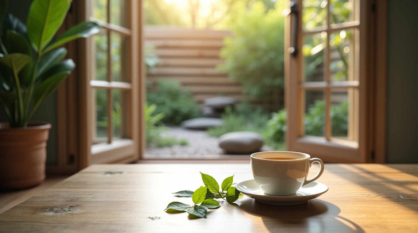 Scène apaisante avec du thé à la valériane et une plante dans un bureau zen