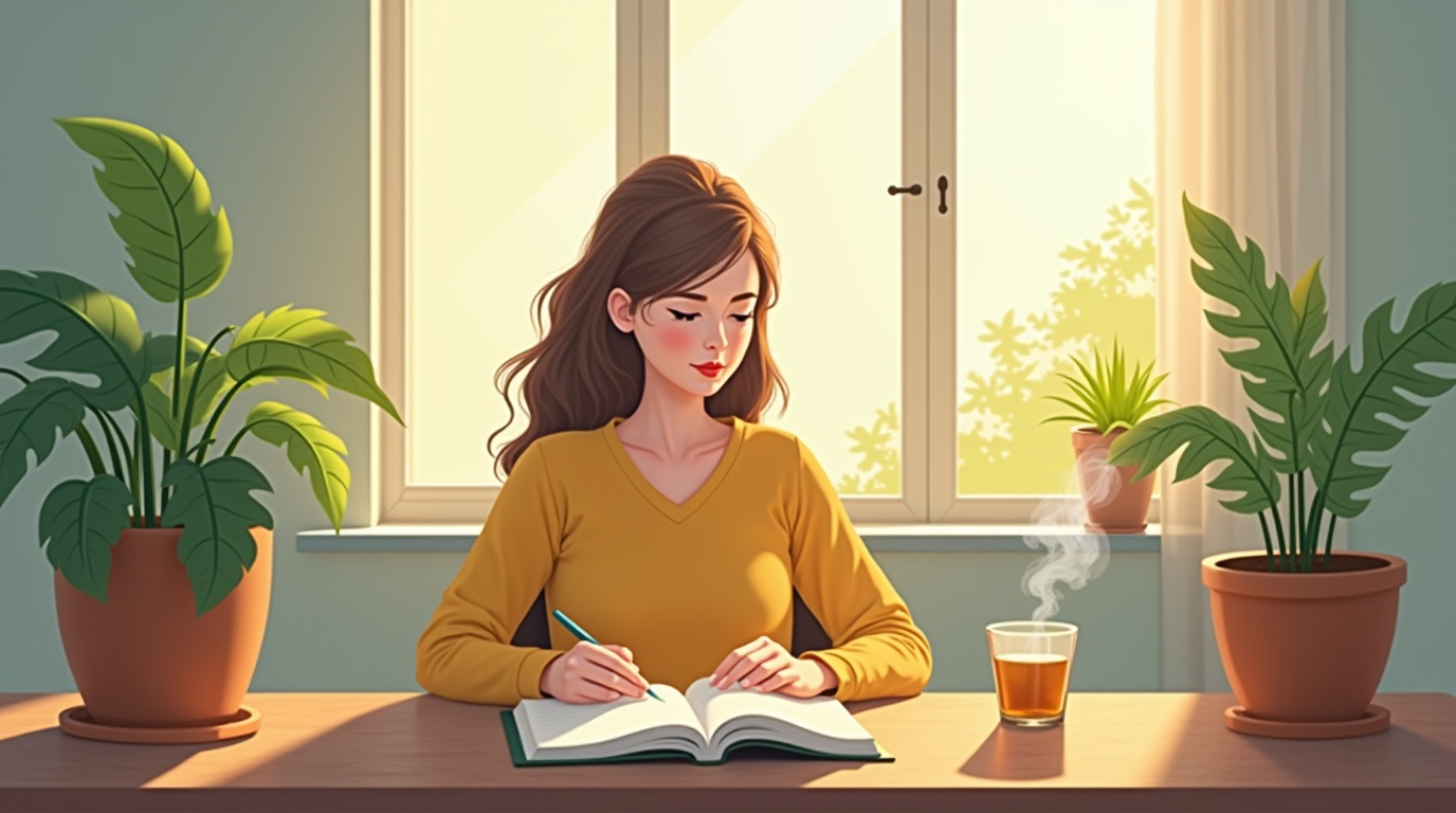 Personne sereine avec valériane à côté d'un livre sur l'anxiété